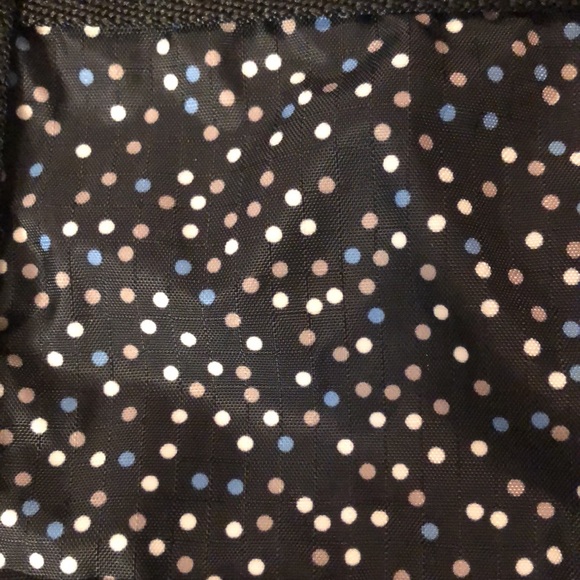 LeSportsac polka dot black zipper cross body bag w lt blue, white, and tan dots - Picture 4 of 14